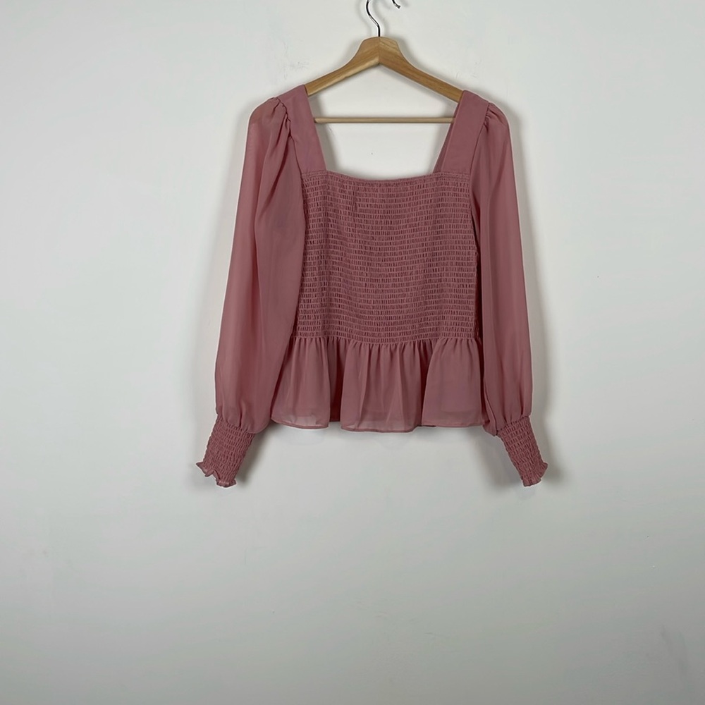 Nine West Peplum Babydoll Elastic Bodice Long Sleeve Chifon Crop Top Womens L
